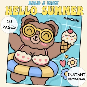 Hello Summer Coloring Book 10 Cute and Bold Pages for Kids and Adults Mimoshi Style Instant PDF Download Easy Summer Fun Art