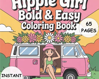 Hippie Girl Coloring Book 65 pagina's Vetgedrukte en gemakkelijke PDF Instant Download Boho kleurplaten voor volwassenen en tieners Retro esthetisch plezier