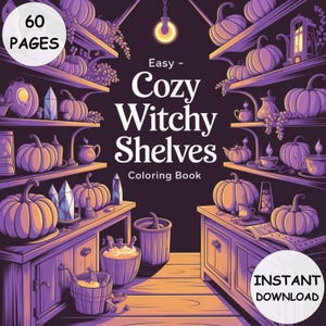 Cozy Witchy Shelves Coloring Book PDF 60 Pages Bold and Easy Witch Bookshelves Magical Printable for Adults and Kids Instant Download