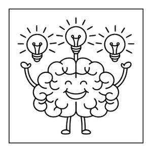 May include: A black and white cartoon illustration of a smiling brain with arms and legs, holding three light bulbs above its head. The light bulbs are radiating light, suggesting ideas and creativity.