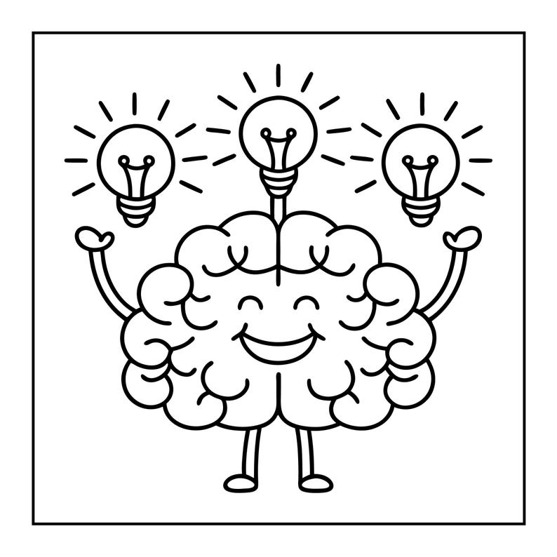 May include: A black and white cartoon illustration of a smiling brain with arms and legs, holding three light bulbs above its head. The light bulbs are radiating light, suggesting ideas and creativity.