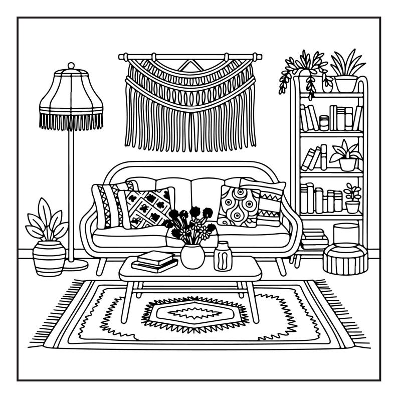May include: Black and white line drawing of a living room interior. A sofa with patterned pillows sits in front of a macrame wall hanging. A coffee table, rug, bookshelf, and floor lamp complete the scene.