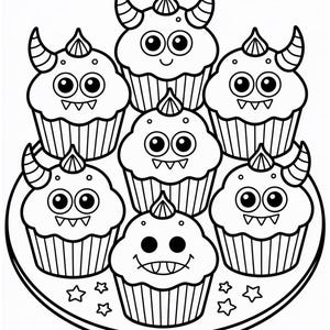 May include: Black and white illustration of seven monster-themed cupcakes on a plate. Each cupcake has a unique monster face with horns, eyes, and a smiling or frowning mouth. The plate is decorated with small star shapes.