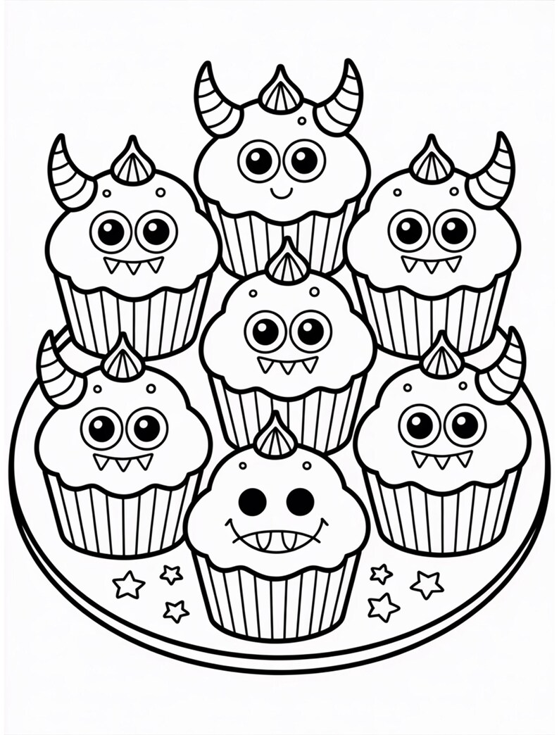 May include: Black and white illustration of seven monster-themed cupcakes on a plate. Each cupcake has a unique monster face with horns, eyes, and a smiling or frowning mouth. The plate is decorated with small star shapes.