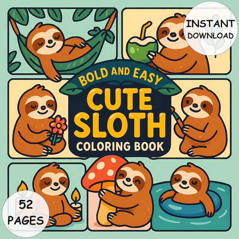 Cute Sloth Coloring Book 52 Bold and Easy Pages for Kids and Adults ...