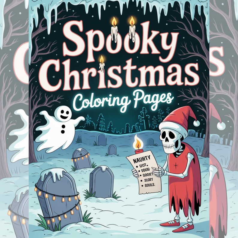 May include: A spooky Christmas coloring book cover with a graveyard scene. The title reads "Spooky Christmas Coloring Pages." A skeleton in a Santa hat holds a list labeled "NAUHTY." A ghost floats near the tombstones.