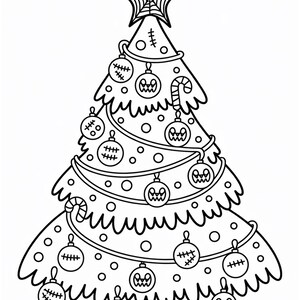 May include: Black and white line art illustration of a Christmas tree decorated with Halloween-themed ornaments. The tree is topped with a star featuring a spiderweb design. Ornaments include jack-o'-lantern faces and stitched details, with a candy cane accent.