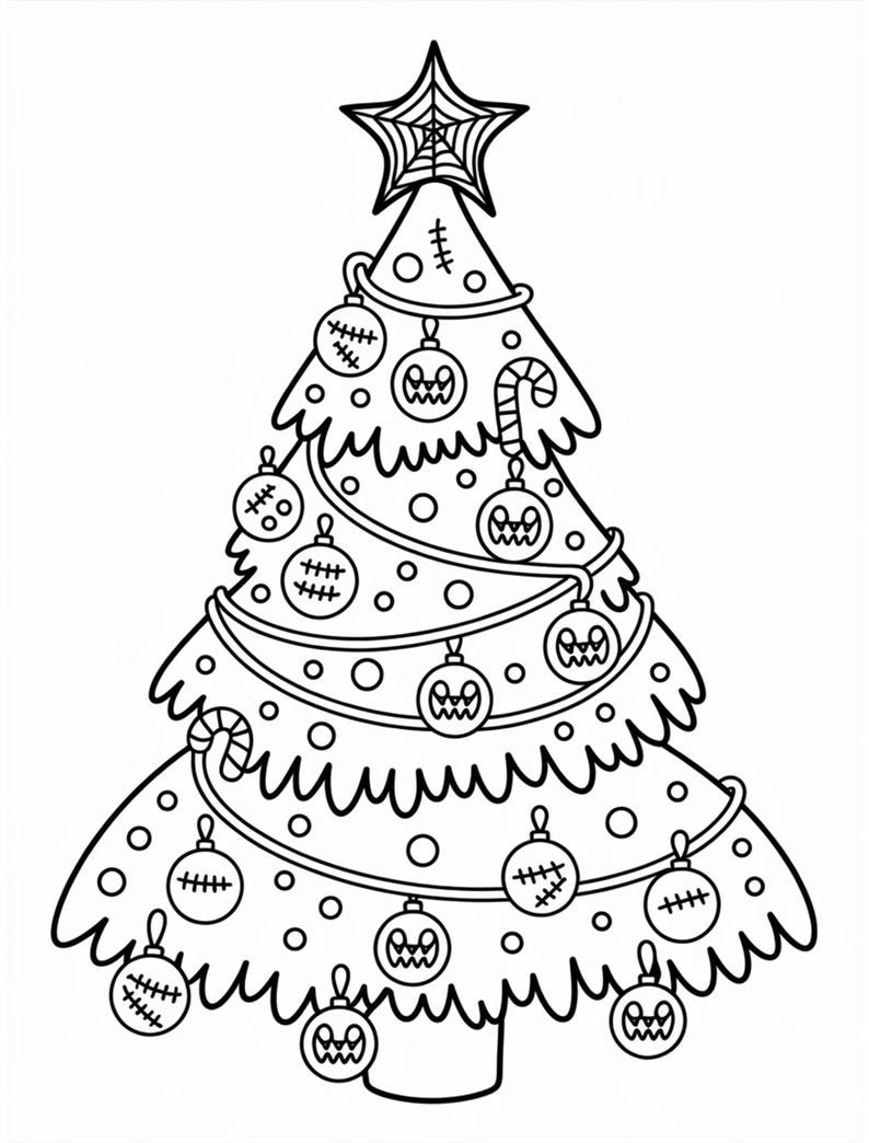 May include: Black and white line art illustration of a Christmas tree decorated with Halloween-themed ornaments. The tree is topped with a star featuring a spiderweb design. Ornaments include jack-o'-lantern faces and stitched details, with a candy cane accent.