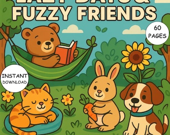 Lazy Days & Fuzzy Friends Coloring Book 60 Bold Easy Pages PDF Instant Download Cute Cozy Coloring for Kids Adults