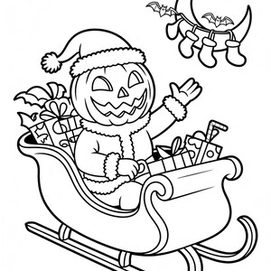 May include: Black and white illustration of a pumpkin-headed character in a Santa Claus outfit, waving from a sleigh filled with gifts. A crescent moon with bats and hanging stockings is in the background. Festive Halloween and Christmas theme.