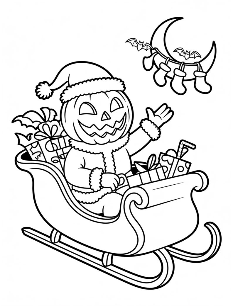 May include: Black and white illustration of a pumpkin-headed character in a Santa Claus outfit, waving from a sleigh filled with gifts. A crescent moon with bats and hanging stockings is in the background. Festive Halloween and Christmas theme.