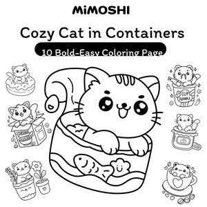 Op de afbeelding: Zwart-wit kleurplaat getiteld "Cozy Cat in Containers" door MIMOSHI. De afbeelding toont een grote kat in een container, omringd door kleinere afbeeldingen van katten in verschillende containers, waaronder een donut, een ontbijtgranendoos en een theekopje. De tekst "10 Bold-Easy Coloring Page" is ook opgenomen.