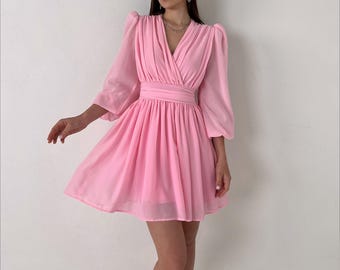 Chiffon Wrap Mini Dress - Puff Sleeve A-Line Dress - Elegant Short Dress for Wedding Guest, Graduation, Party - Light Pink Black Blue