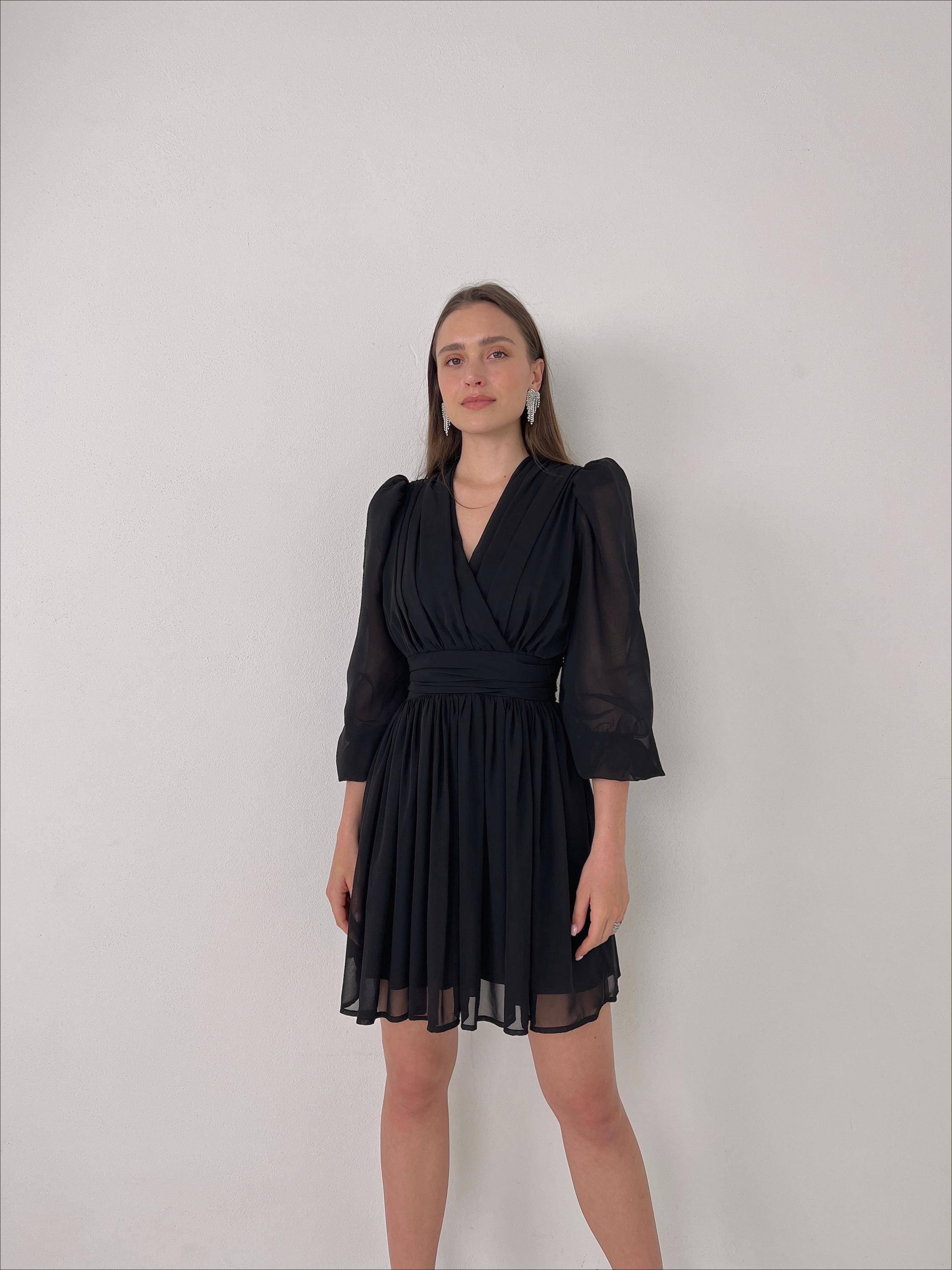 Chiffon Wrap Mini Dress - Puff Sleeve A-Line Dress - Elegant Short Dress for Wedding Guest, Graduation, Party