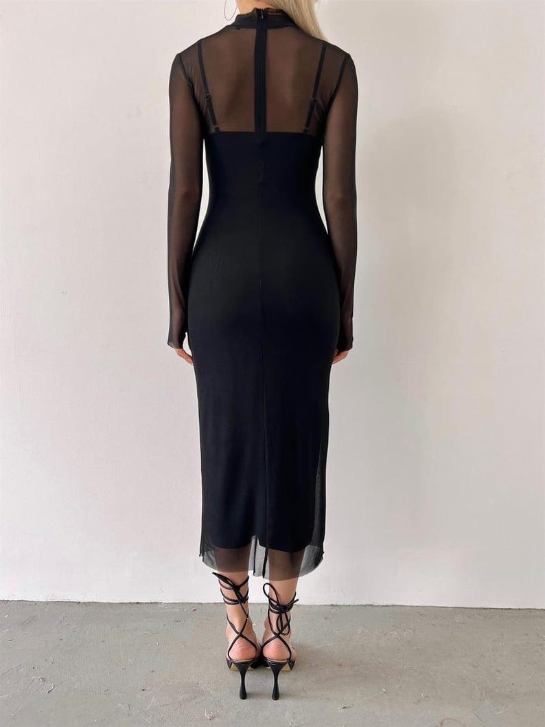 Black High Neck Sheer Sleeved Dress With Metal Trims main image 0