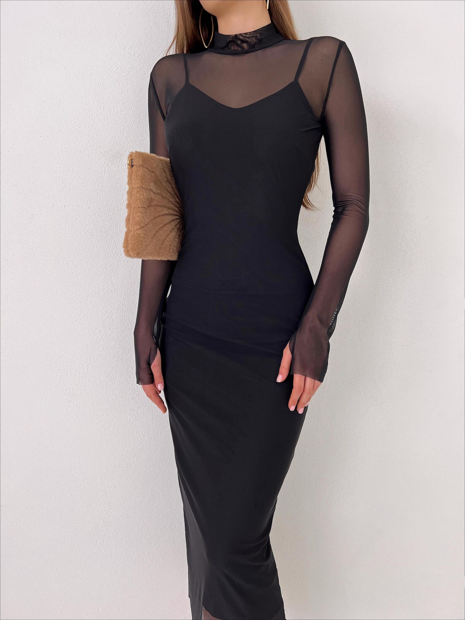 Black Sheer Sleeve Midi Dress Twopiece Mock Neck Bodycon Dress — free download