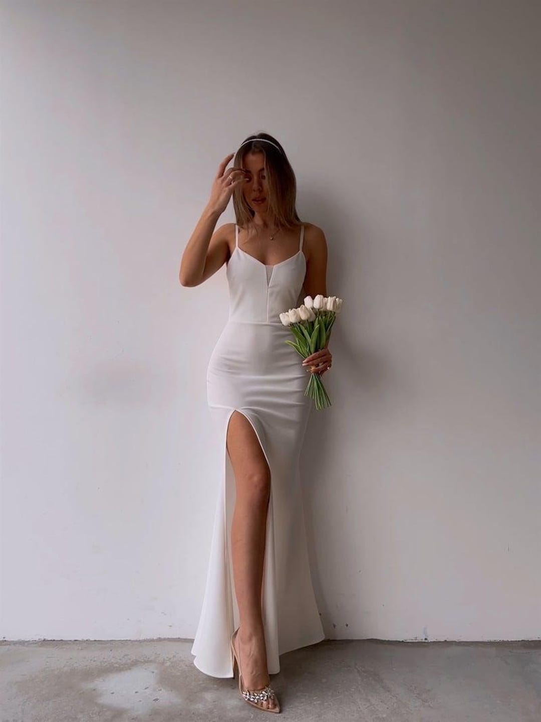 Satin Slit Dress  Duchess Gown With Sheer Bust and Adjustable Straps |  Elegant Prom, Wedding Guest Evening Dress - Etsy