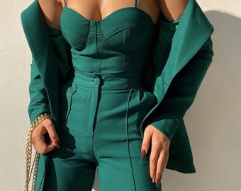 Emerald Green 3 Piece Women’s Suit – Blazer, Bustier & Pants | Elegant Formal Outfit