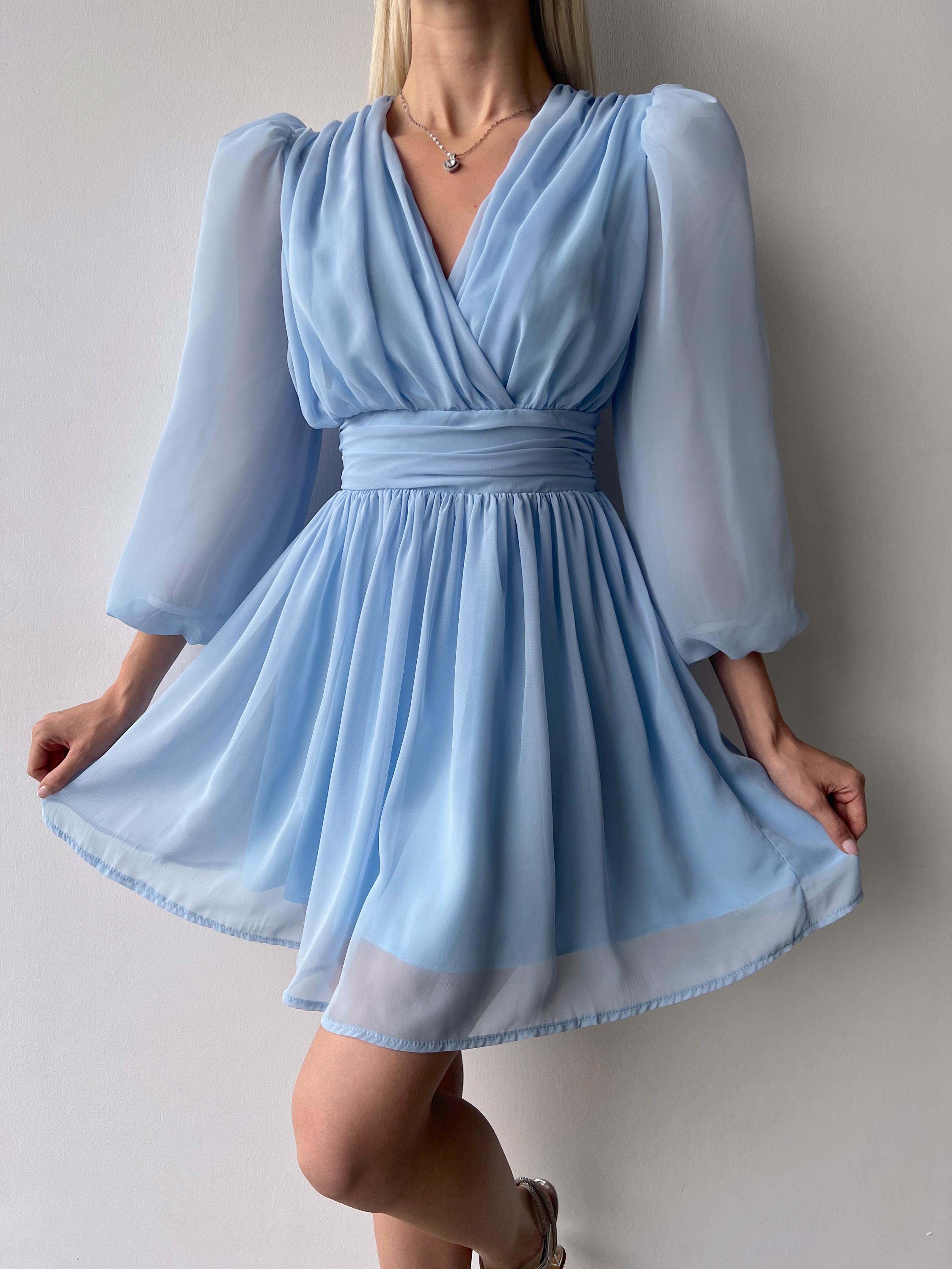 Chiffon Wrap Mini Dress - Puff Sleeve A-Line Dress - Elegant Short Dress for Wedding Guest, Graduation, Party - Light Pink Black Blue