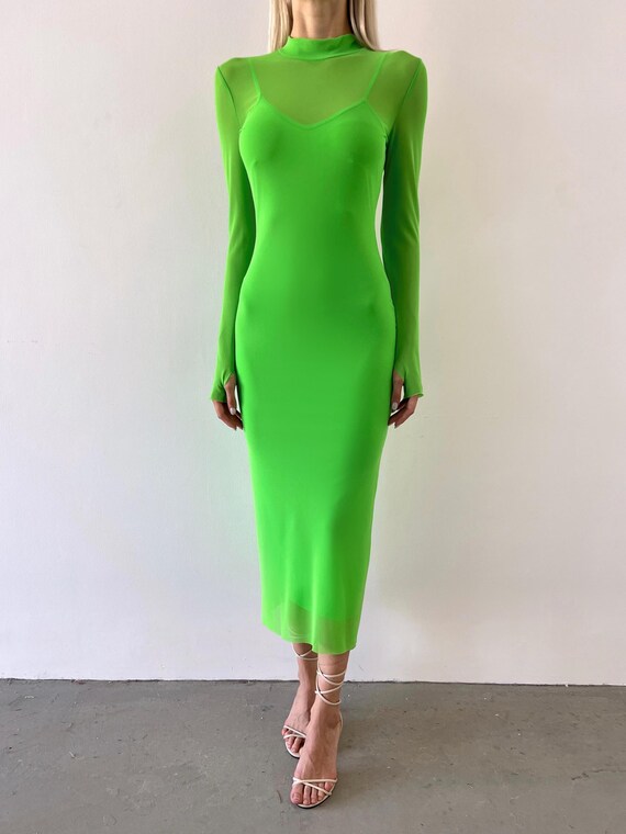 Neon Green Sheer Sleeve Midi Dress | Mock Neck Two-piece Bodycon Dress With Thumbhole | Elegant Evening Outfit for Women - Etsy Australia Neon Green Sheer Sleeve Midi Dress | Mock Neck Two-piece Bodycon Dress With Thumbhole | Elegant Evening Outfit for Women - Etsy Australia