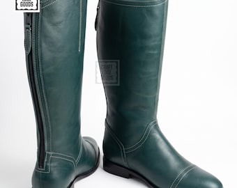 Botas de cuero verde con cremallera trasera alta para hombre, estilo ecuestre