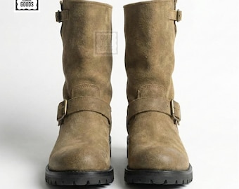 Biker Boots Tan Distressed Leather Mid Calf Buckle Men