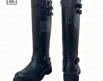 Botas de motociclista de cuero negro con hebilla alta para hombre