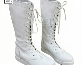 Leather White Boots Tall Lace Up Men Wrestling Performance Style