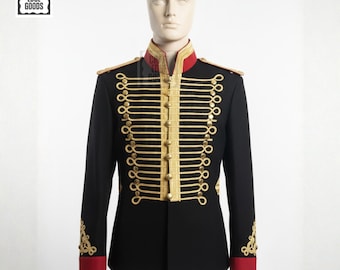Chaqueta de húsar negra militar trenzada formal para hombre