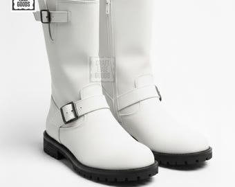 Botas de moto de cuero blanco a media pantorrilla con hebilla y cremallera para hombre