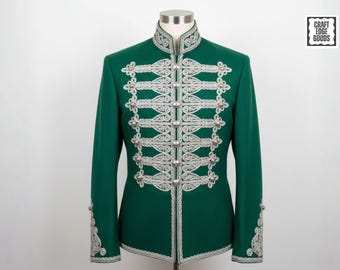 Chaqueta de húsar de mezcla de lana verde, estilo militar, abrigo de traje a medida para hombre