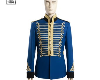 Chaqueta de húsar azul militar trenzada para hombre