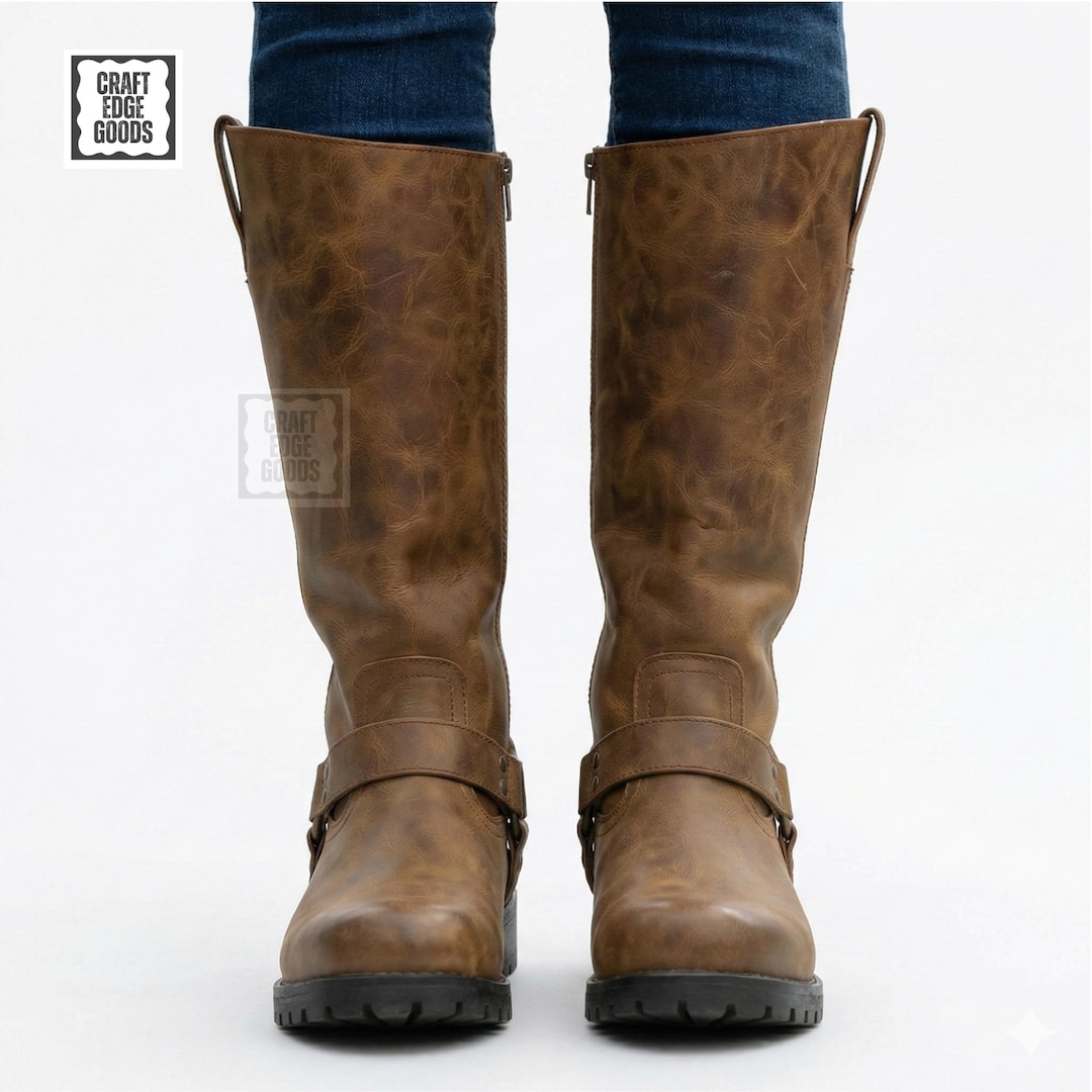 Riding Boots Brown Leather Tall Harness Style Motorcycle Footwear for ...