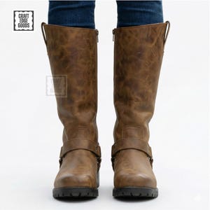 Riding Boots Brown Leather Tall Harness Style Motorcycle Footwear for Men