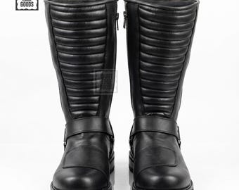 Men's Black Engineer Boots | Handmade Moto Biker Boots with Side Zipper & Lug Sole