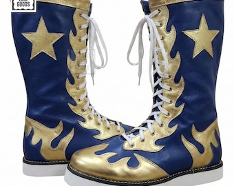 Botas de lucha libre de cuero azul dorado con cordones para hombre, estilo de rendimiento