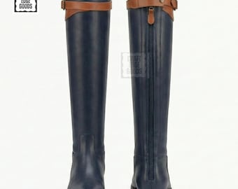 Botas de montar de cuero azul marino con cremallera trasera alta para hombre estilo ecuestre