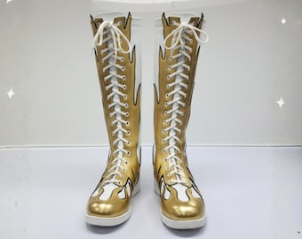 Botas de lucha libre doradas y blancas – Botas de cuero hechas a mano con cordones para hombre