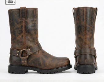 Biker Boots Brown Leather Mid Calf Buckle Men