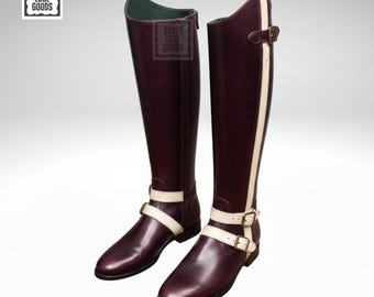 Botas de montar de piel burdeos hasta la rodilla para hombre, estilo ecuestre