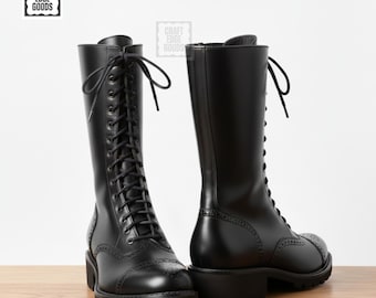 Leather Boots Black Lace Up Side Zip Combat Men