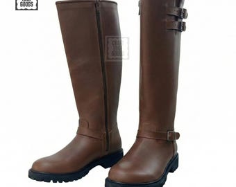 Botas de montar de altura marrón de cuero estilo ecuestre para hombre y mujer