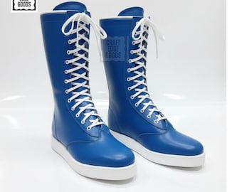 Botas de lucha de cuero azul altas con cordones para hombre
