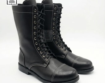 Men's Black Military Combat Boots Handmade Leather Lace Up Mid Calf Custom