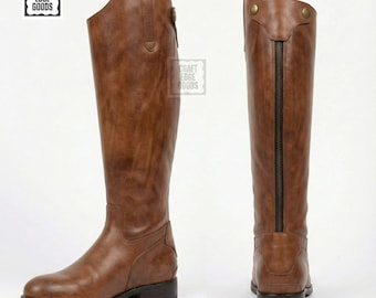 Botas de montar de cuero marrón con cremallera trasera alta para hombre