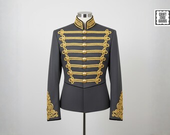 Chaqueta de húsar de mezcla de lana gris, estilo militar para hombre
