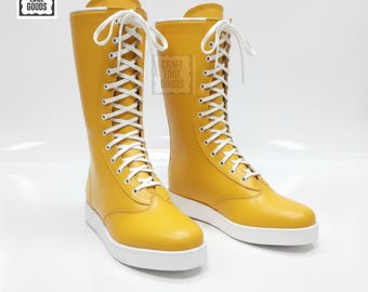 Botas de lucha de cuero amarillo altas con cordones para hombre