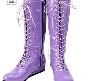 Botas de lucha libre para hombre color lavanda charol / Botas altas retro con cordones y cremallera lateral.