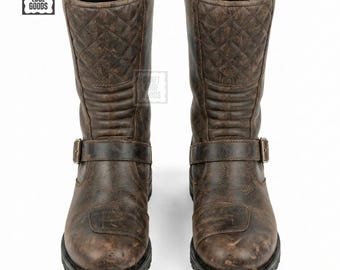 Botas de motociclista de piel desgastada marrón con hebilla a media pantorrilla para hombre