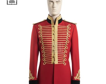 Chaqueta de húsar roja militar trenzada para hombre
